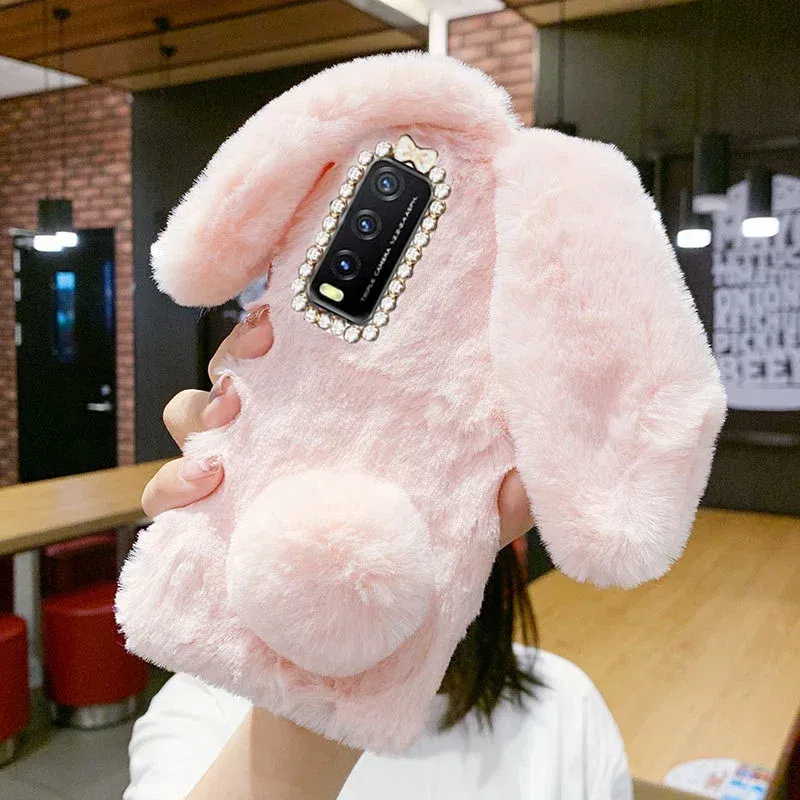 Color: pink, Material: Silicon - Warm Plush Rabbit Fluffy fur Cover for Samsung A15 A25 A35 A55 A14 A24 A34 A54 A13 A23 A33 A53 A12 A22 A32 A52 A51 Phone Case