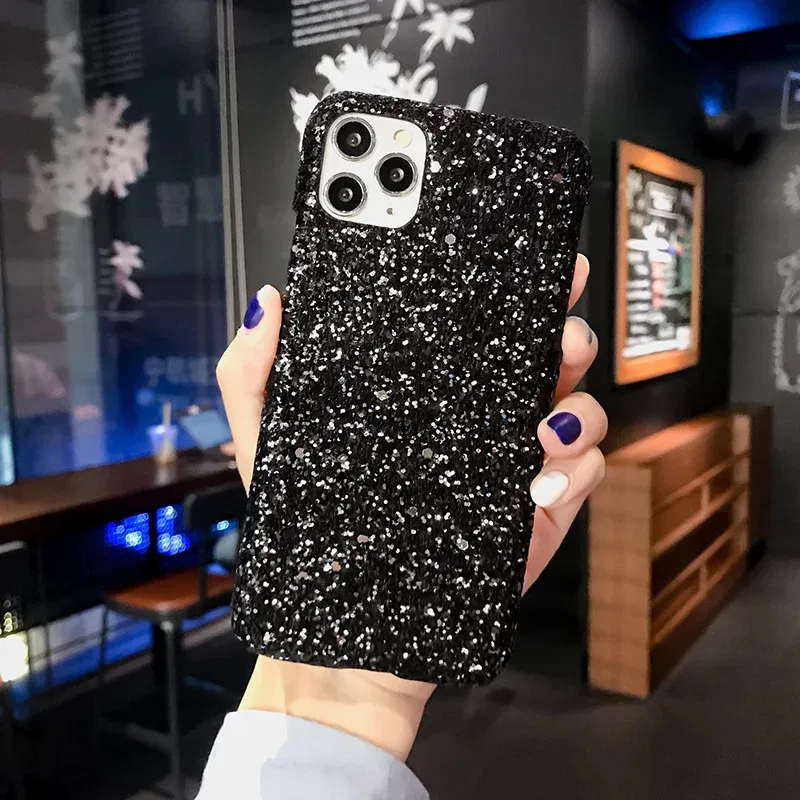 Color: black, Material: Cotton Fabric - Hard Shiny Diamond Girly Phone Case for iPhone 11 12 13 14 15 Pro Max 14 15Plus