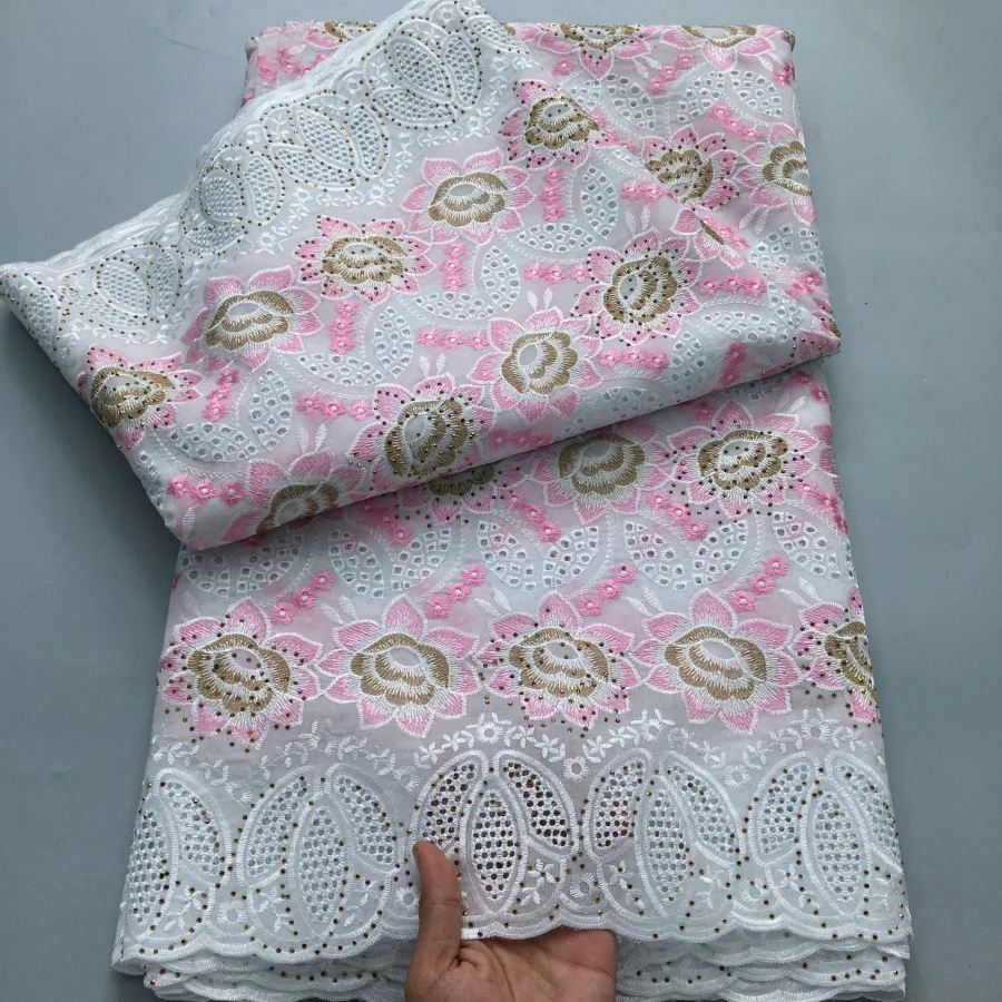Color: pink, length: 5 yards, Width: 120cm - White Swiss Lace Fabric High Quality 5 Yards Embroidered Nigerian Cotton Lace Fabric 2025 African Party Dress for Women A4182