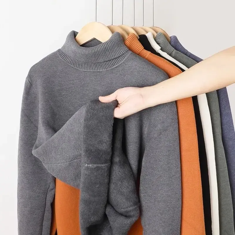 Color: Beige, Size: XL - Autumn Winter Men's Turtleneck Sweater Knitted Velvet Warm Long Sleeve Pullover Outdoor Cold-proof Casual Blouse Base Sweater