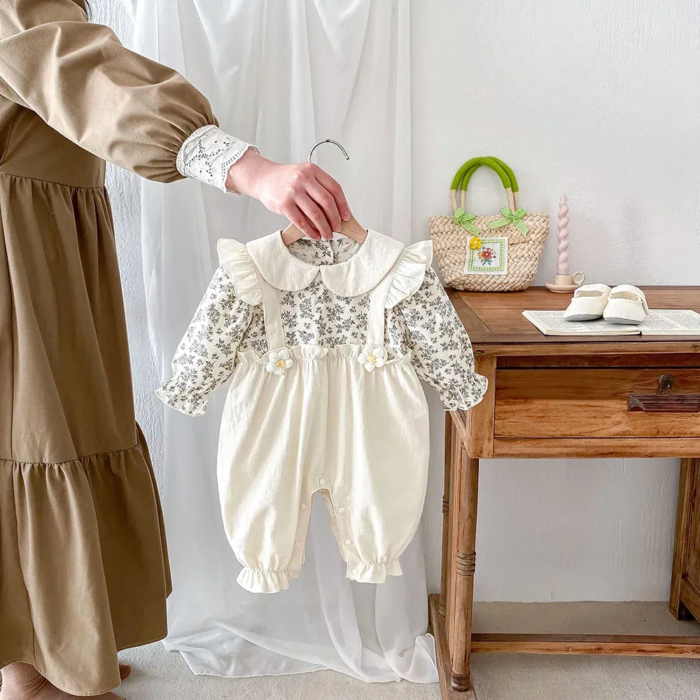 Color: Beige, Kid Size: 6M - 0-2Y Autumn Baby Girls Clothes Pure Cotton Infant Girls Rompers Floral Jumpsuits Peter Pan Collar Baby Outfit