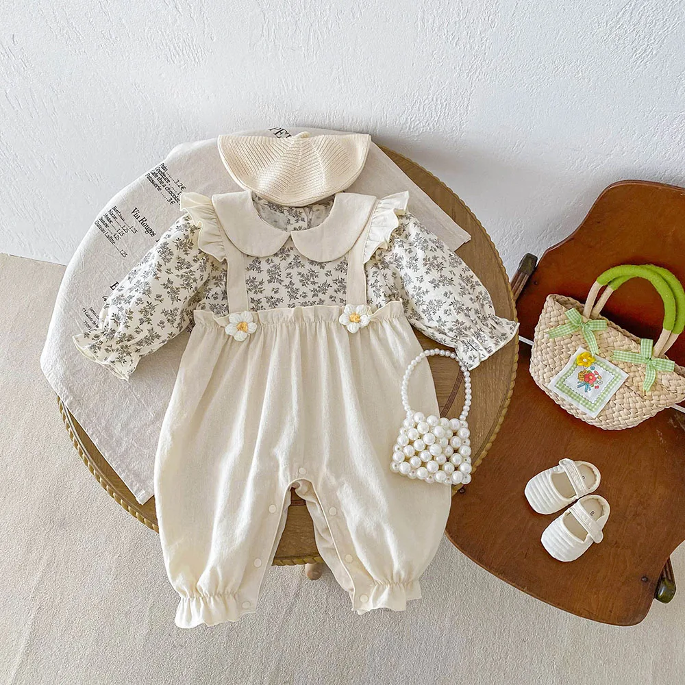 Color: Beige, Kid Size: 6M - 0-2Y Autumn Baby Girls Clothes Pure Cotton Infant Girls Rompers Floral Jumpsuits Peter Pan Collar Baby Outfit