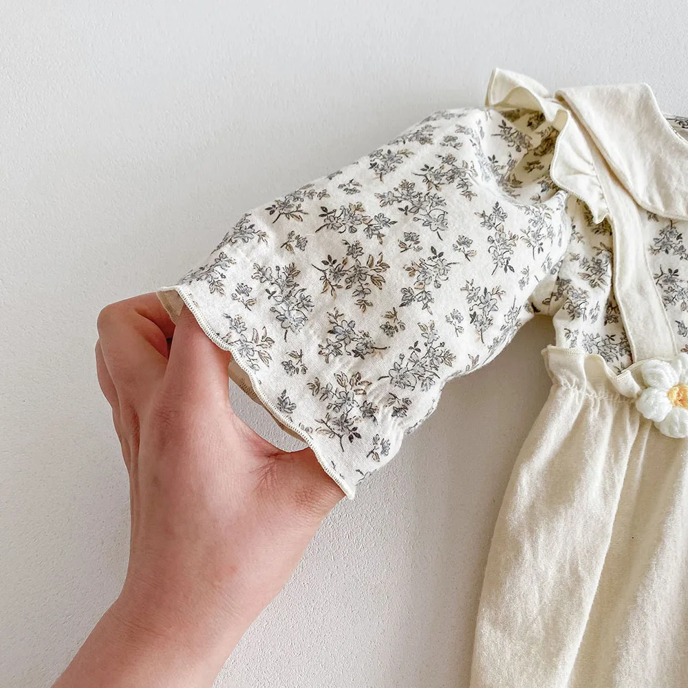 Color: Beige, Kid Size: 6M - 0-2Y Autumn Baby Girls Clothes Pure Cotton Infant Girls Rompers Floral Jumpsuits Peter Pan Collar Baby Outfit