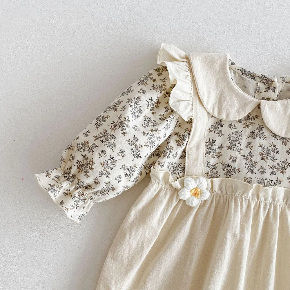 Color: Beige, Kid Size: 6M - 0-2Y Autumn Baby Girls Clothes Pure Cotton Infant Girls Rompers Floral Jumpsuits Peter Pan Collar Baby Outfit