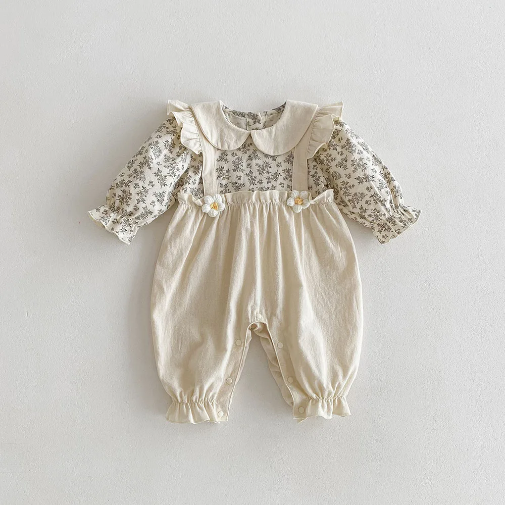Color: Beige, Kid Size: 6M - 0-2Y Autumn Baby Girls Clothes Pure Cotton Infant Girls Rompers Floral Jumpsuits Peter Pan Collar Baby Outfit