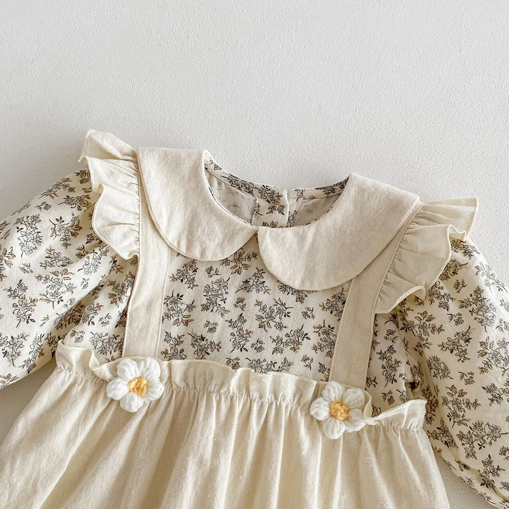 Color: Beige, Kid Size: 6M - 0-2Y Autumn Baby Girls Clothes Pure Cotton Infant Girls Rompers Floral Jumpsuits Peter Pan Collar Baby Outfit
