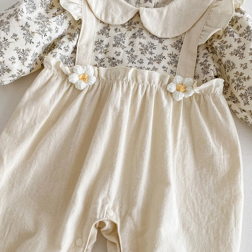 Color: Beige, Kid Size: 6M - 0-2Y Autumn Baby Girls Clothes Pure Cotton Infant Girls Rompers Floral Jumpsuits Peter Pan Collar Baby Outfit
