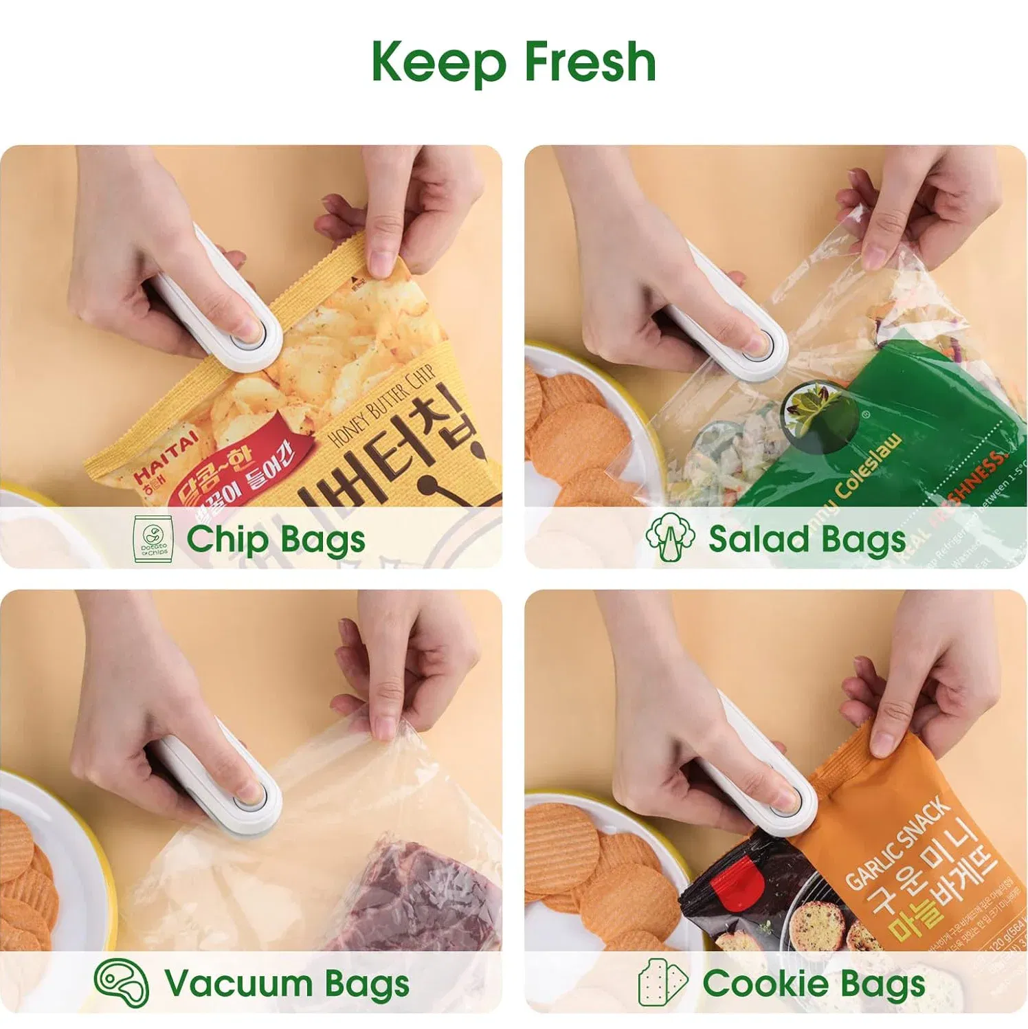 Color: light yellow - Portable Mini Sealer 2 in 1 Heat Sealer For Snacks  Home use rechargeable sealer Vacuum Sealer Snacks plastic bag heat sealer