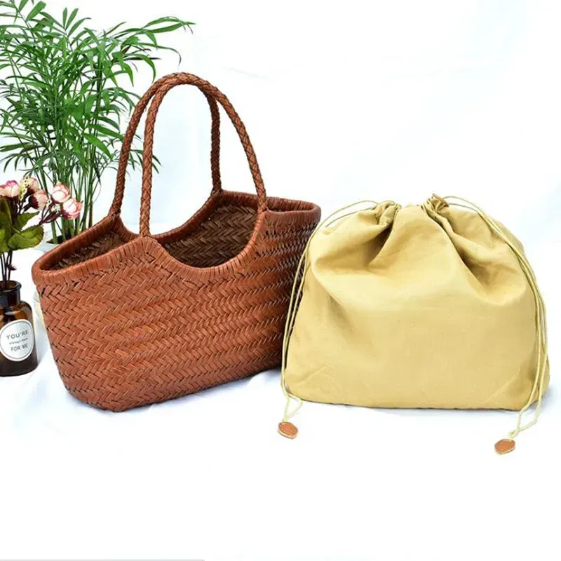 Hand Knitted Designer Genuine Leather Elegant ?‹Handle Female Totes Vintage Women's Handbag Cowskin Lady Large Shoulder Bag