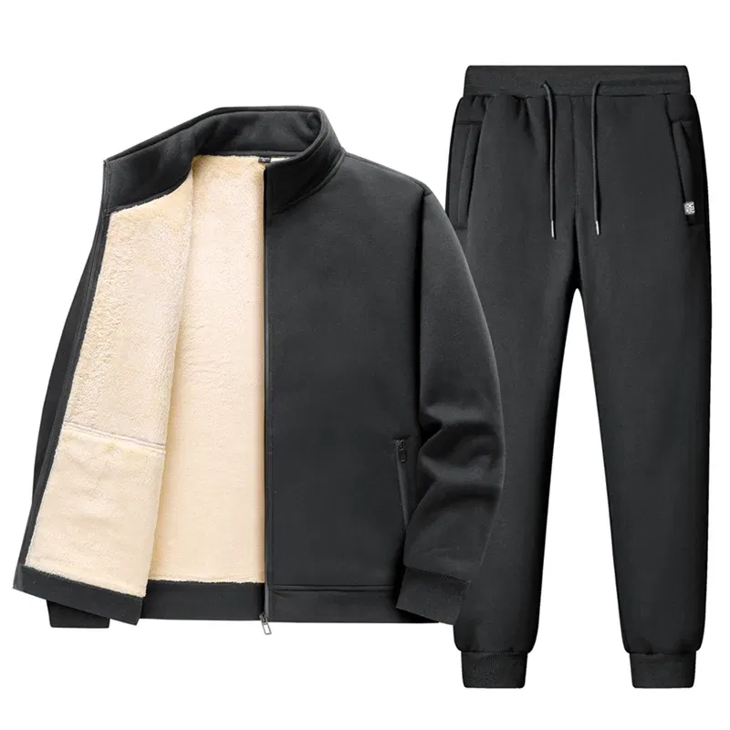 Color: Beige, Size: S - Men Winter Sports Suits Men's Plush Thickened Lamb Sweatshirts+pants Men Warn Casual Sportswear Autumn Sportswear tracksuits