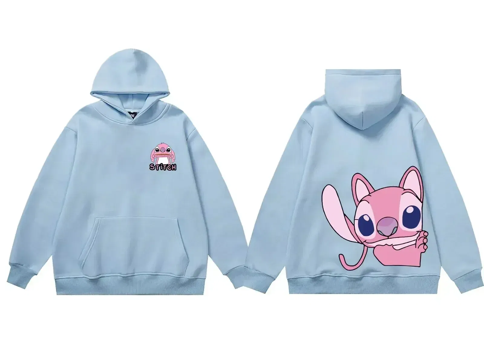 Color: Khaki, Size: L - Disney Hoodie Fashion Stitch Angel Monster Letter Cartoon Sweatshirt Pullover Cute Harajuku Unisex Women's Pocket Top