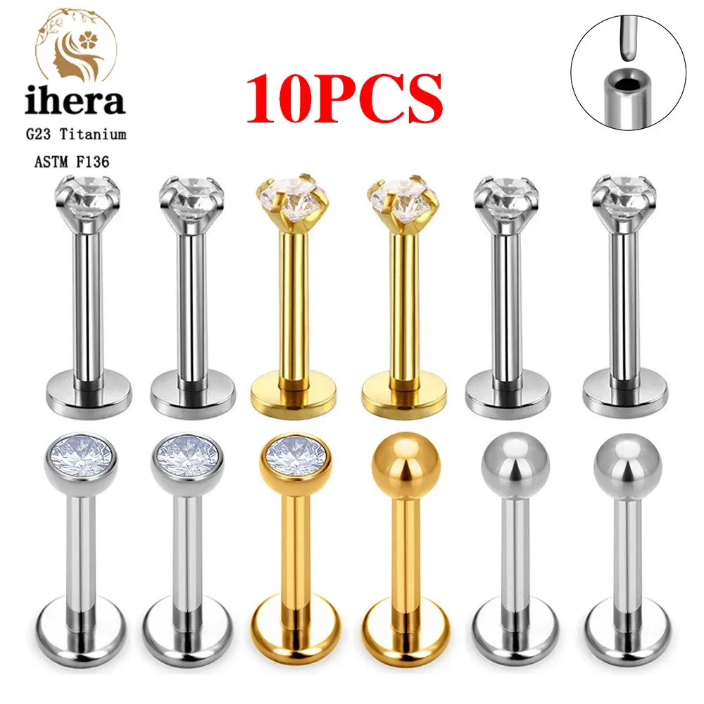 Metal color: Light Yellow Gold Color,  Main Stone Color: black - 10PCS G23 Titanium Lip Ring Labret Piercing Stud Earring CZ 16/18/20G Push Pin Ear Tragus Cartilage Helix Conch Pierc? Jewelry