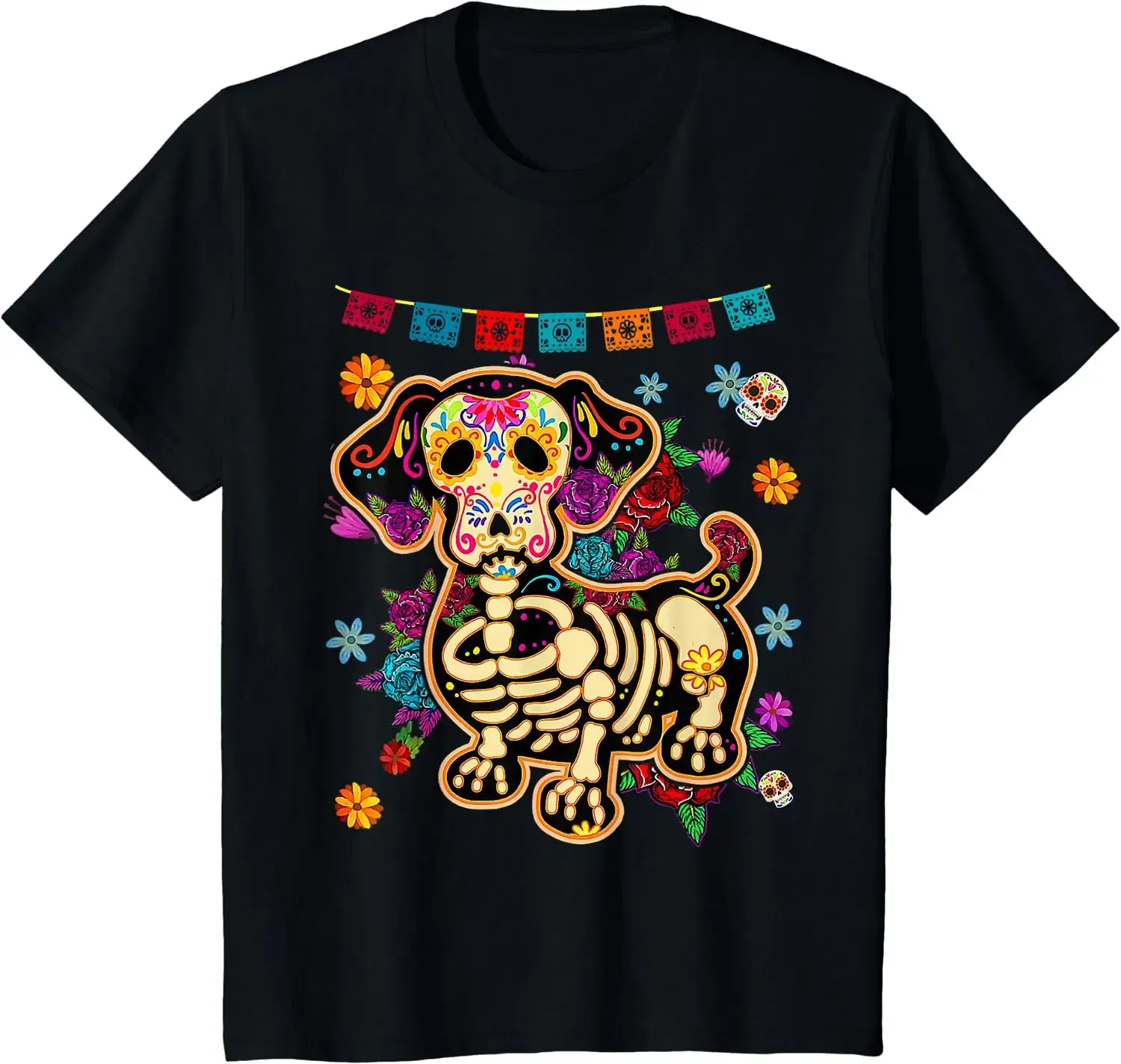 Color: black, Size: 5XL - Sugar Skull Mexican Dachshund Bone Halloween Day of Dead T-Shirt Casual Cotton Four Seasons Graphic T Shirts Funny T Shirts