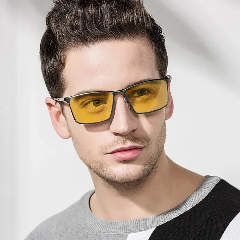 Lenses Color: Yellow, Frame Color: Ginger - Men's sunglasses myopia with diopter polarized  prescription glasses UC400 retro anti-glare driving goggles square black shades