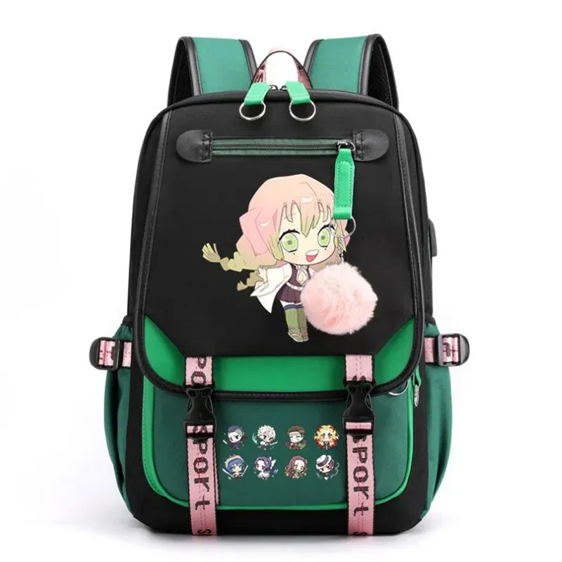 Color: green, Size: 17 Inches - Demon Slayer Backpack Schoolbag USB Laptop Bag Tokitou Muichirou Kanroji Mitsuri Men Women Rucksack Travel Shoulder Outdoor Bags