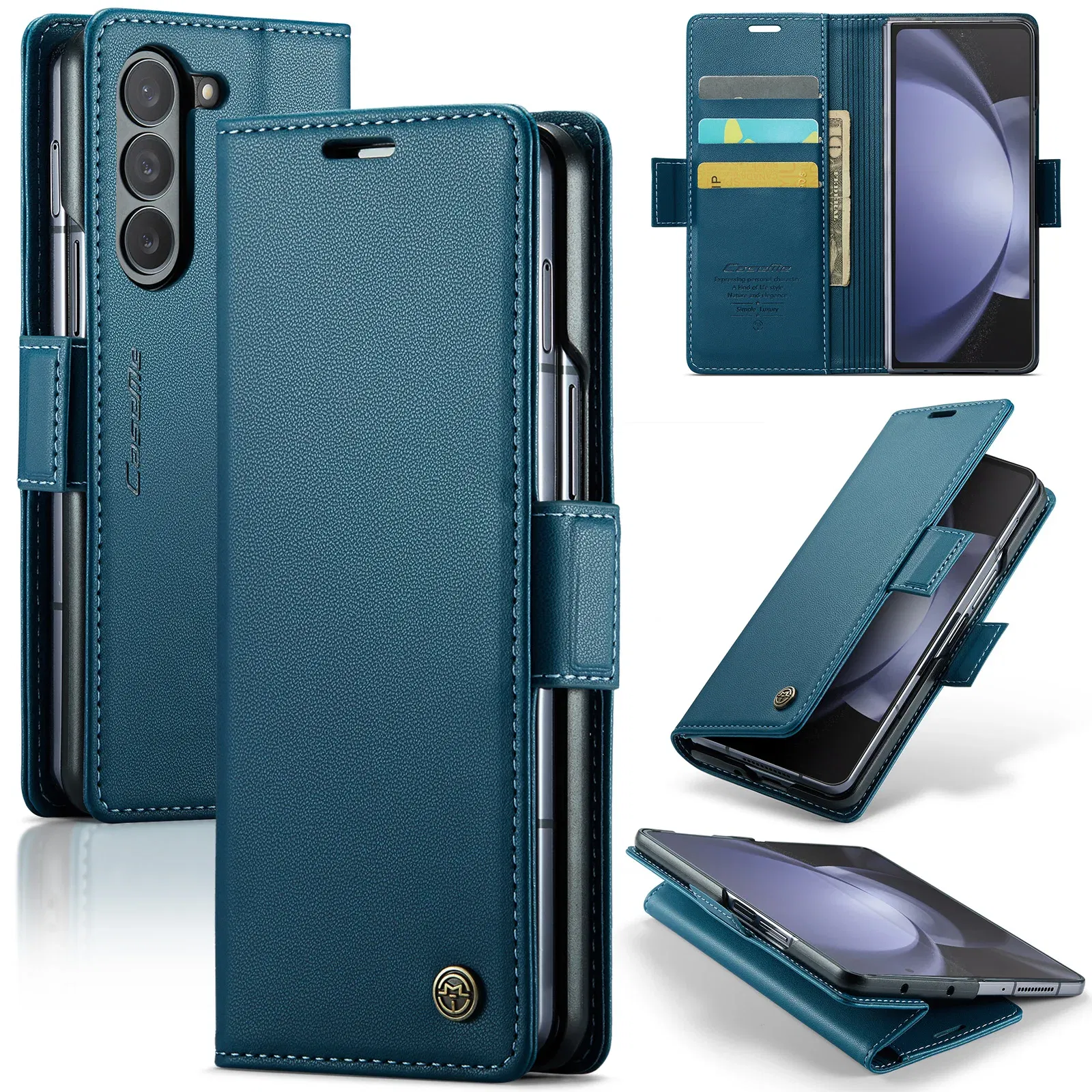 Material: Wood, Color: Blue - Business Style Folio Flip Leather Case for Samsung Z Fold 7 6 5 5G Fold7 Fold6 Magnetic Kickstand Card Holder Wallet Phone Cover
