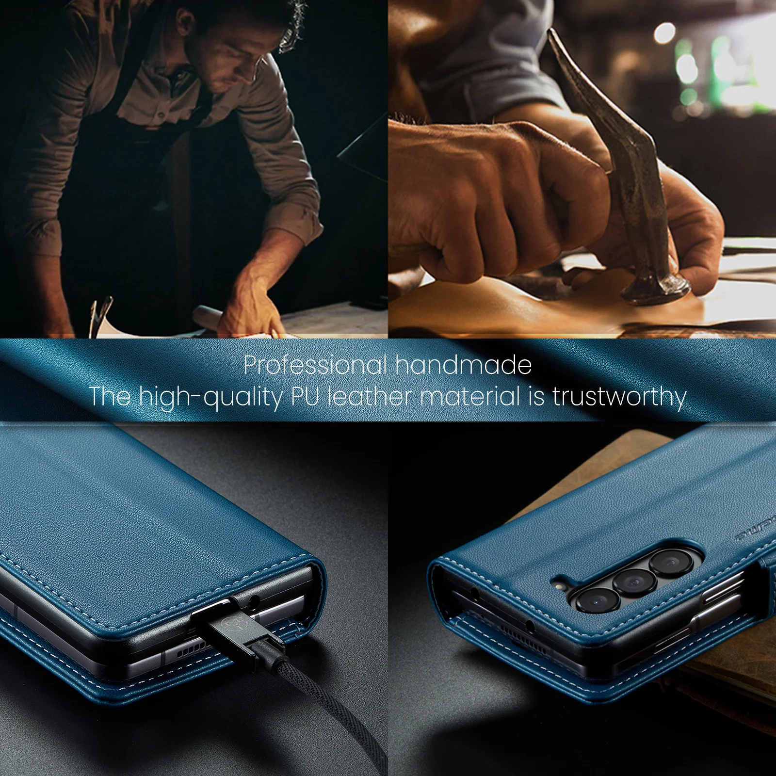 Material: Wood, Color: Blue - Business Style Folio Flip Leather Case for Samsung Z Fold 7 6 5 5G Fold7 Fold6 Magnetic Kickstand Card Holder Wallet Phone Cover
