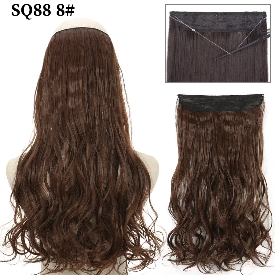 Color: 4/30HL, Stretched Length: 22inches, Ships From: CHINA - Synthetic Natural Wavy No Clip Fish Line Invisible Hair Extensions Mixed Color Blonde Black Artificial False Hair Piece ForWomen