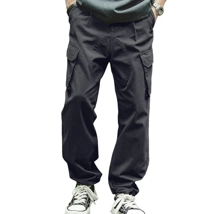 Men's Casual Solid Color Cotton Multi-Pocket Patchwork Loose Cargo Trousers