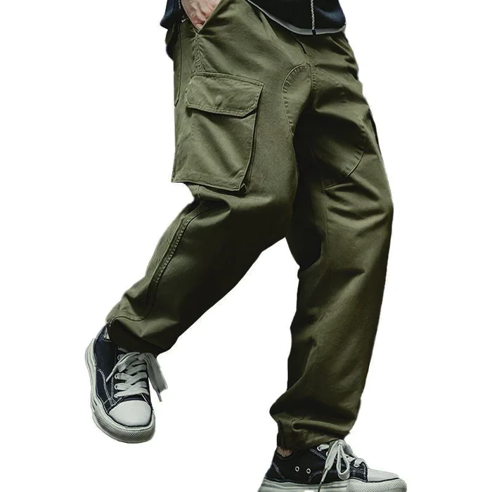 Men's Casual Solid Color Cotton Multi-Pocket Patchwork Loose Cargo Trousers