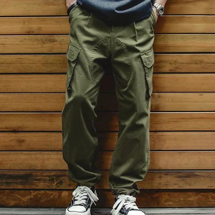 Men's Casual Solid Color Cotton Multi-Pocket Patchwork Loose Cargo Trousers