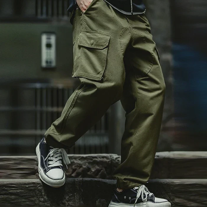 Men's Casual Solid Color Cotton Multi-Pocket Patchwork Loose Cargo Trousers