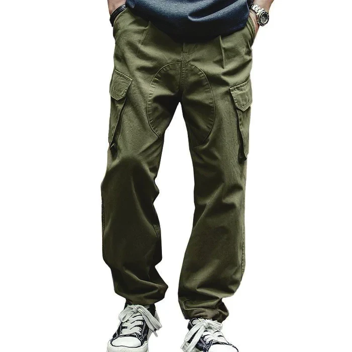 Men's Casual Solid Color Cotton Multi-Pocket Patchwork Loose Cargo Trousers