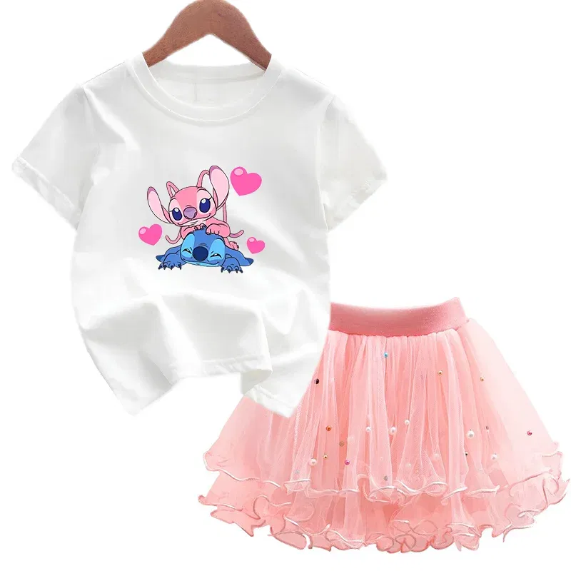 Color: green, Kid Size: 4 - 2pcs Lilo Stitch Summer Girls Outfits Cartoon T-shirt and Tutu Skirt Princess Clothes Suit Children Birthday Clothing Sets