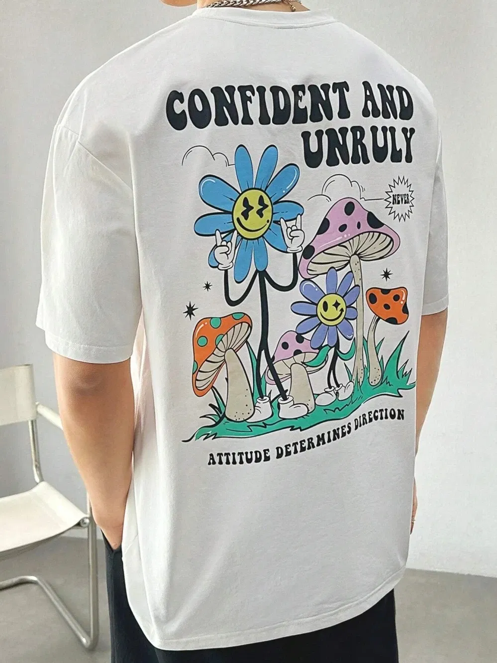 Color: Beige, Size: XL - Confident And Unruly Attitude Determines Direction Men T Shirt Cotton Shirt Street Loose T-Shirts Summer Breathable Short Sleeve
