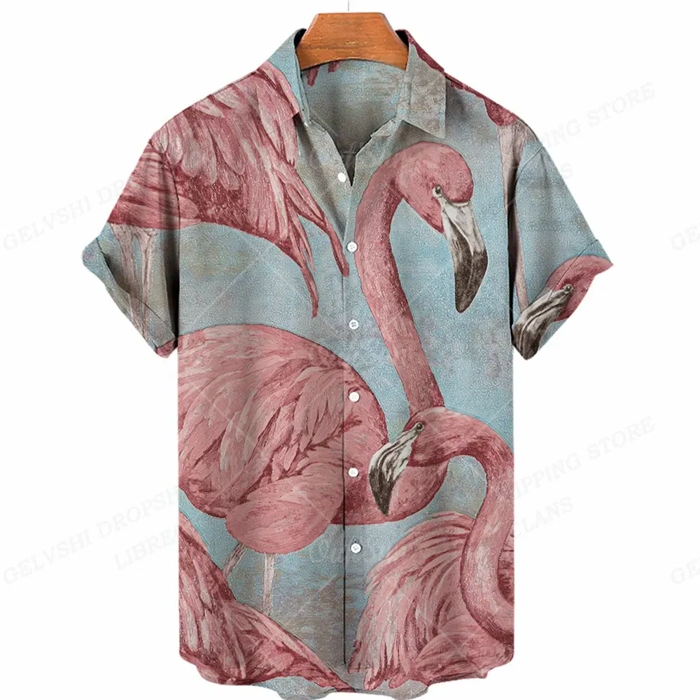 Color: Pink, Size: L - Flamingo Hawaiian Shirts Beach Summer Men's Shirt Tropic Leaf 3D Print Shirts Men Women Fashion Blouse Short Sleeve Vocation