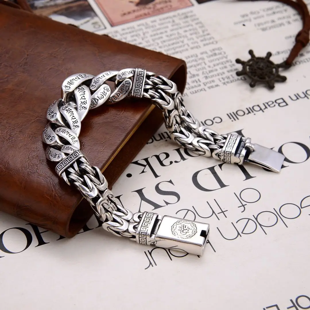 Metal Color: Light Yellow Gold Color, Gem Color: Red, Ships From: CHINA, Length: 21cm - S925 Sterling Silver Personalized Men and Women Bracelets Six-Character Peace Pattern Cuban Chain Jewelry Exquisite Gift