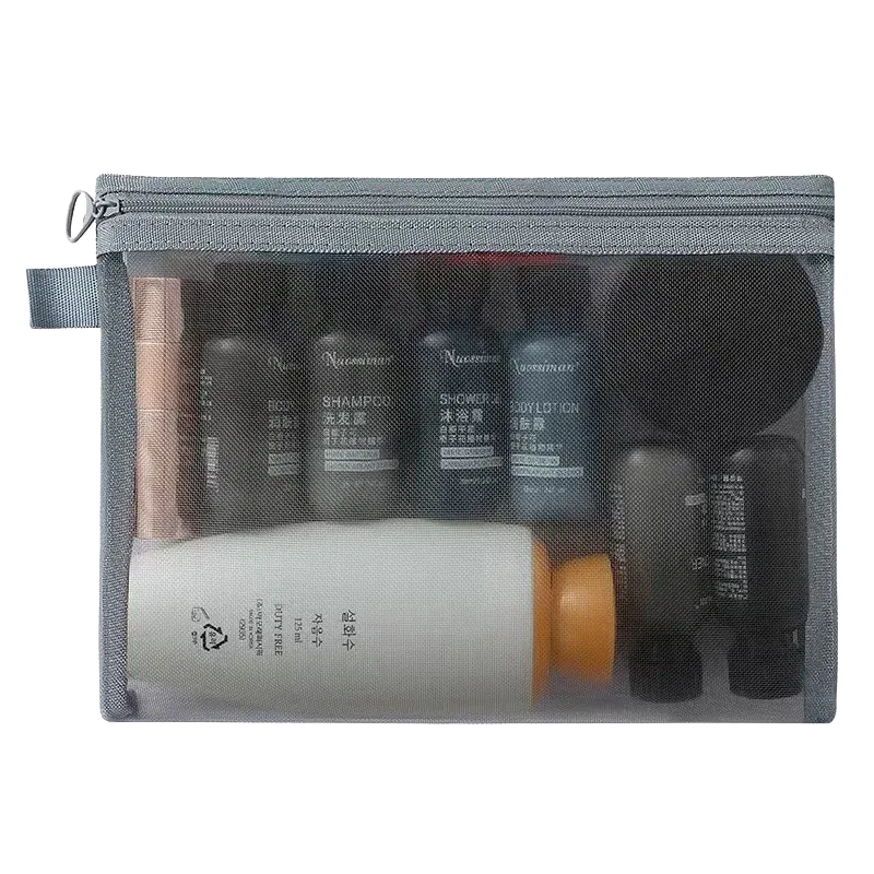 Color: Beige - Fashion Small Large Black Organizer Toiletry and Makeup Pouch Transparent Mesh Zipper Cosmetic Bag Women Necessary Organizer