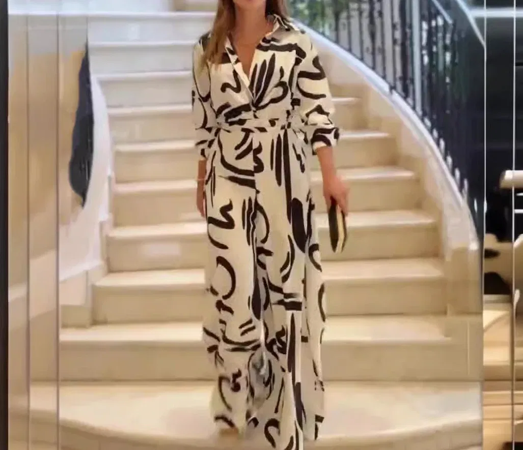 Color: WHITE, Size: XXL - Womens Jumpsuits Streetwear High Waisted Casual Floral Loose Fitting Long Sleeved Conjoined Body Wide Leg Pants Summer 2024 New