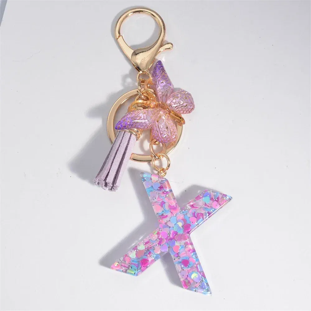 Color: Dark Red - Fashion Tassel Butterfly 26Letter Keychain Colorful Love Heart Filled Resin Alphabet Keyring Women Girls Car Bag Phone Pendant