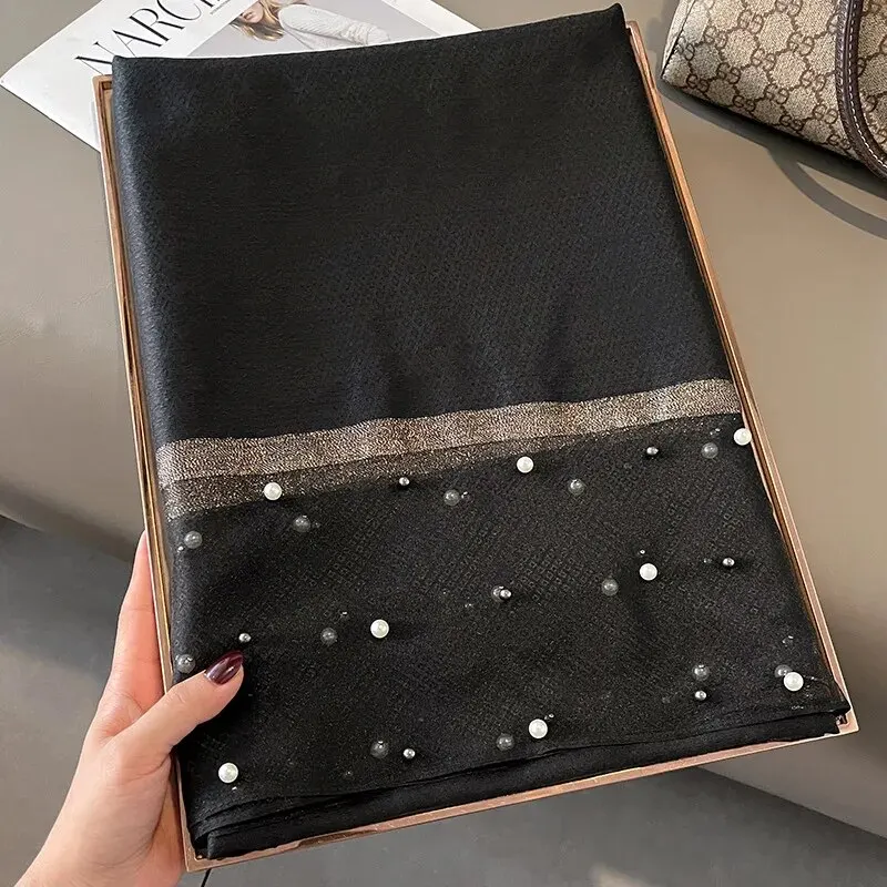 Color: Blue - 2024 Luxury Brand Women Fashion Scarf Plain Solid Silk Linen Shawls Summer Lady Bandanas Foulard Hijab