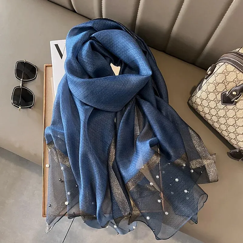 Color: Blue - 2024 Luxury Brand Women Fashion Scarf Plain Solid Silk Linen Shawls Summer Lady Bandanas Foulard Hijab