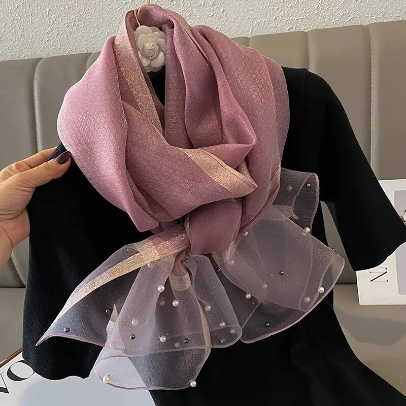 Color: Blue - 2024 Luxury Brand Women Fashion Scarf Plain Solid Silk Linen Shawls Summer Lady Bandanas Foulard Hijab