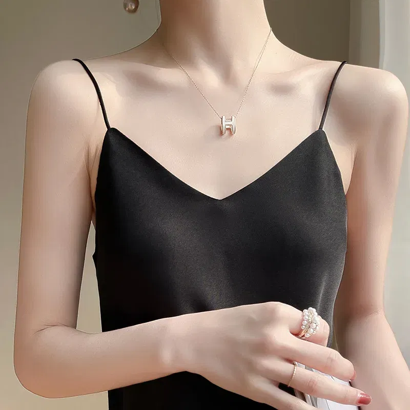 Color: Champagne, Size: S - Fashion Silky Camisole Women's Inner With White Bottoming Satin Top Summer V-neck Thin Section