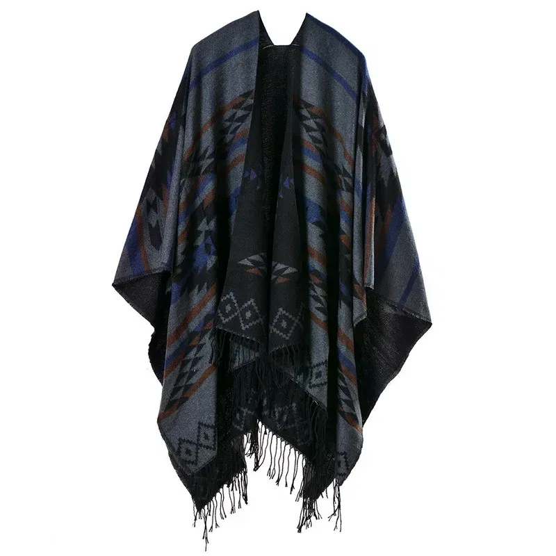 Color: SKY BLUE, Size: One Size - European American Popular Tassel Thickened Cashmere Like National Style Travel Fork Shawl Scarf in autumn Ponchos Capes P9