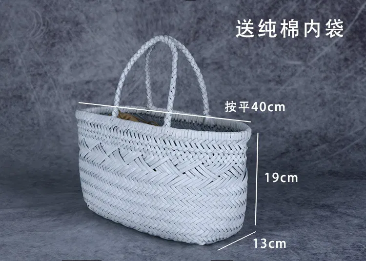 Color: Beige - Designer woven totes bag women genuine leather cowskin knitting basket handbag female hollow out bucket bag 2025 summer new