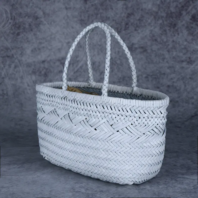 Color: Beige - Designer woven totes bag women genuine leather cowskin knitting basket handbag female hollow out bucket bag 2025 summer new