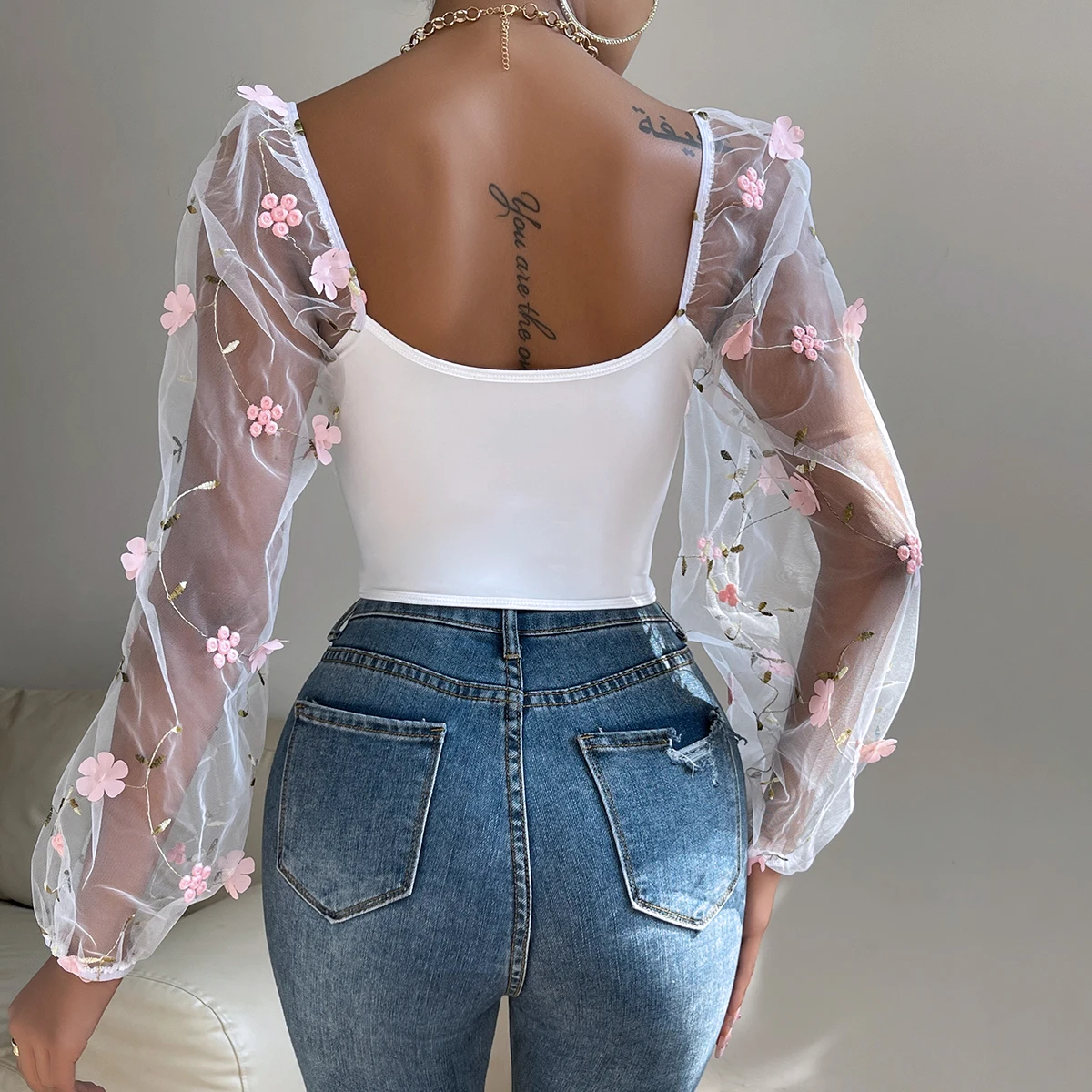 Color: Pink, Size: S - Vemina Sexy?‹ Embroidery Long Sleeve Slim Tops For Women Summer,Hollow Mesh Sheer Backless Puff Sleeve Fishbone Skinny Crop Top