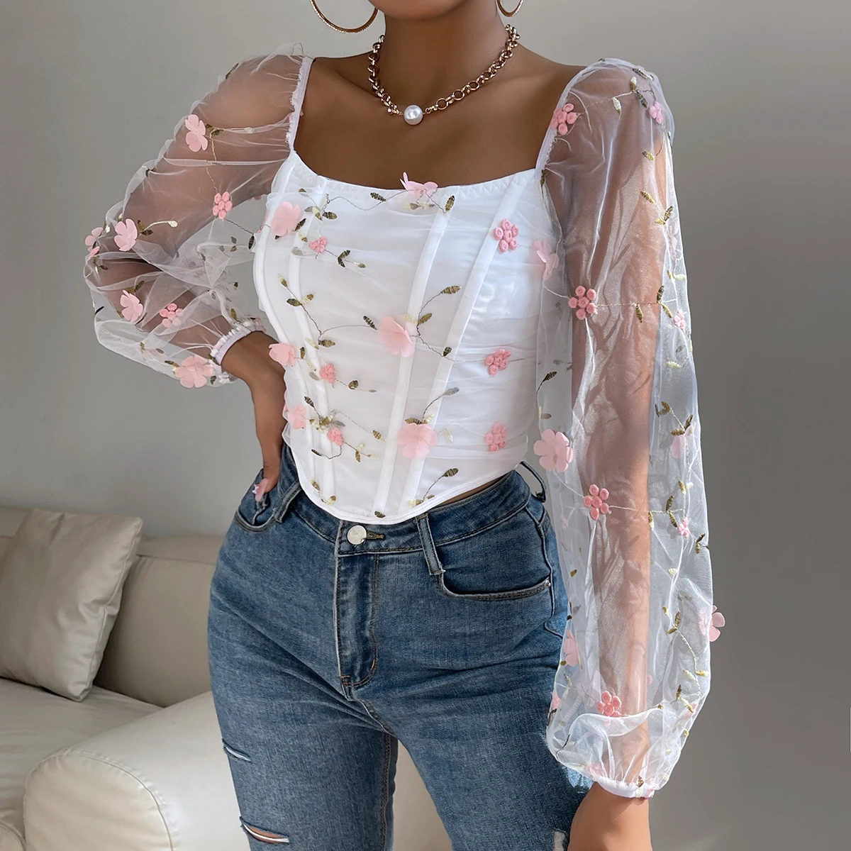 Color: Pink, Size: S - Vemina Sexy?‹ Embroidery Long Sleeve Slim Tops For Women Summer,Hollow Mesh Sheer Backless Puff Sleeve Fishbone Skinny Crop Top