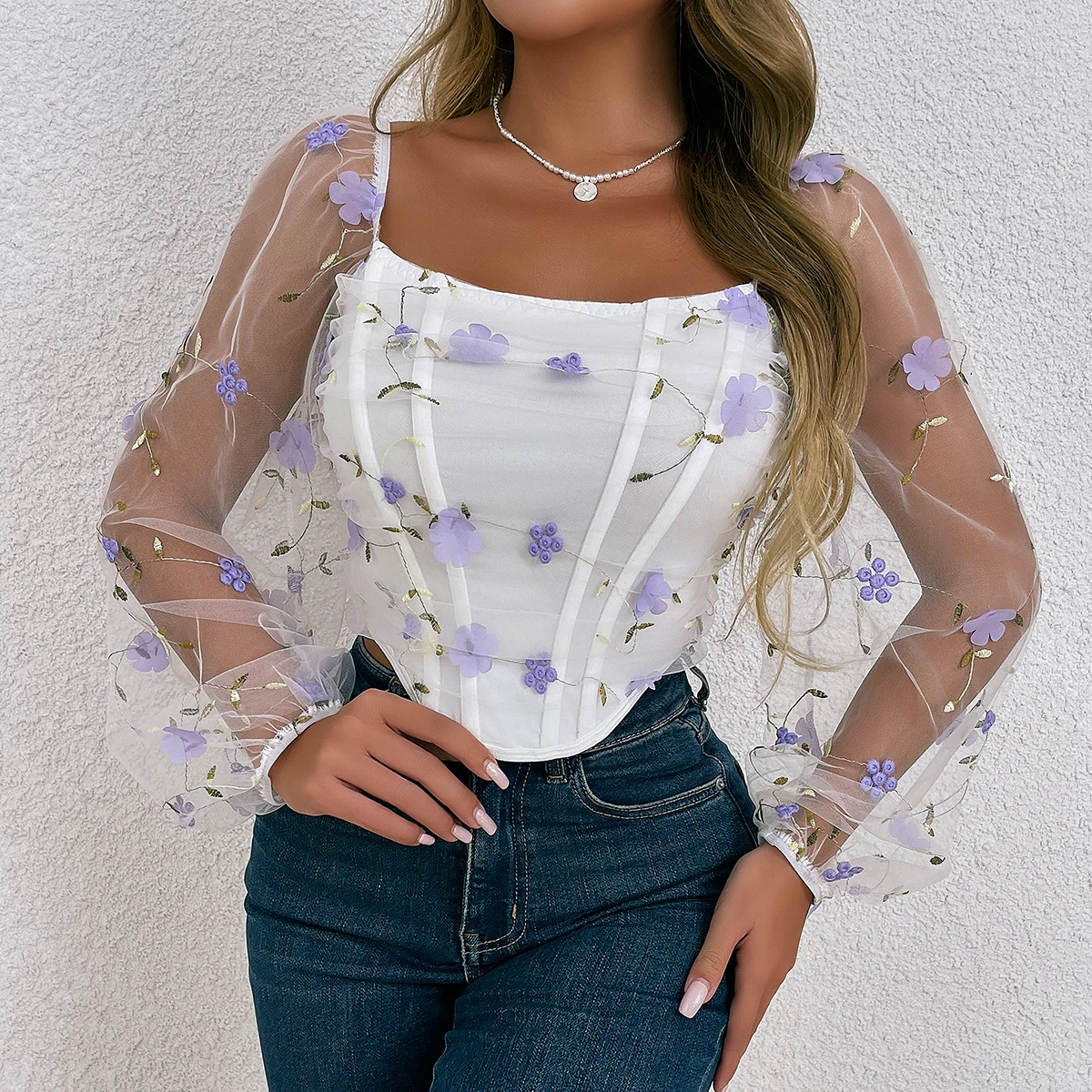 Color: Pink, Size: S - Vemina Sexy?‹ Embroidery Long Sleeve Slim Tops For Women Summer,Hollow Mesh Sheer Backless Puff Sleeve Fishbone Skinny Crop Top