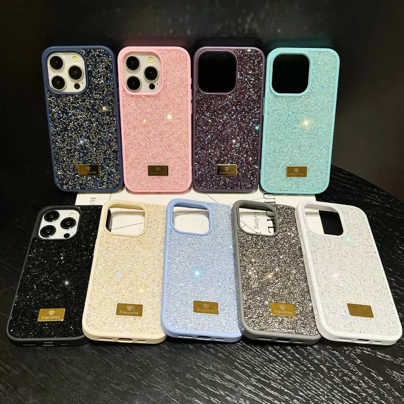 Material: Denim, Color: Blue - Luxury INS Dazzling Full Covered Zircon Macaroon Color Phone Case for iPhone 16 15 14 11 12 13 Pro Max Plus Back Cover
