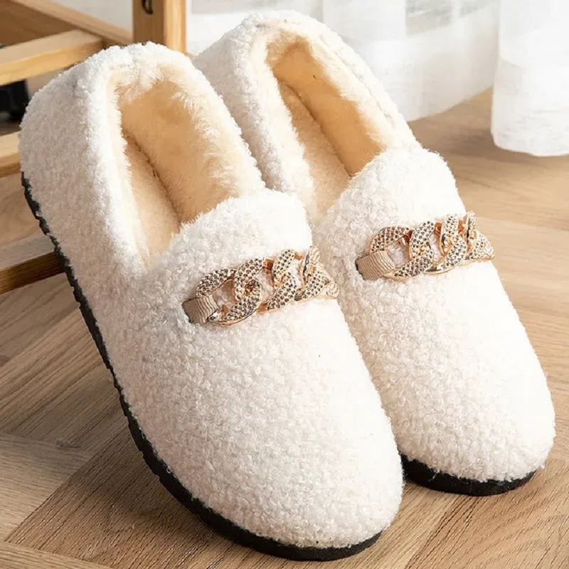 Color: Beige, Shoe Size: 37 - Womens Slippers Warm Short Plush Lining House Shoes Moccassins Slip on Fashion Lady Flats Loafers Non Slip 2023