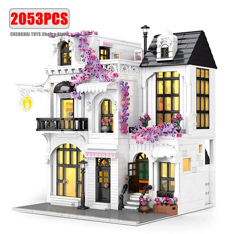 Color: light green - MOC Creative European Architecture Building Blocks Garden Hotel Flower Street Villa Street View Bricks Ideas Toy For Friend Gift
