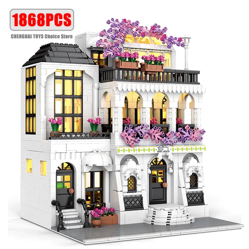 Color: light green - MOC Creative European Architecture Building Blocks Garden Hotel Flower Street Villa Street View Bricks Ideas Toy For Friend Gift