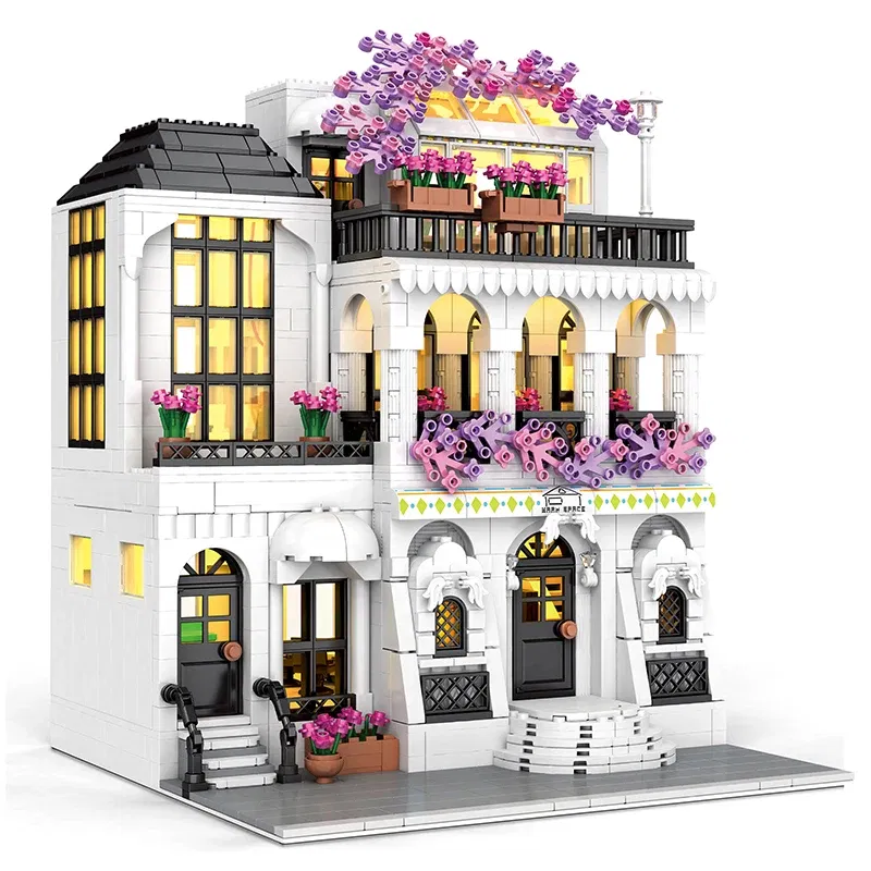 Color: light green - MOC Creative European Architecture Building Blocks Garden Hotel Flower Street Villa Street View Bricks Ideas Toy For Friend Gift