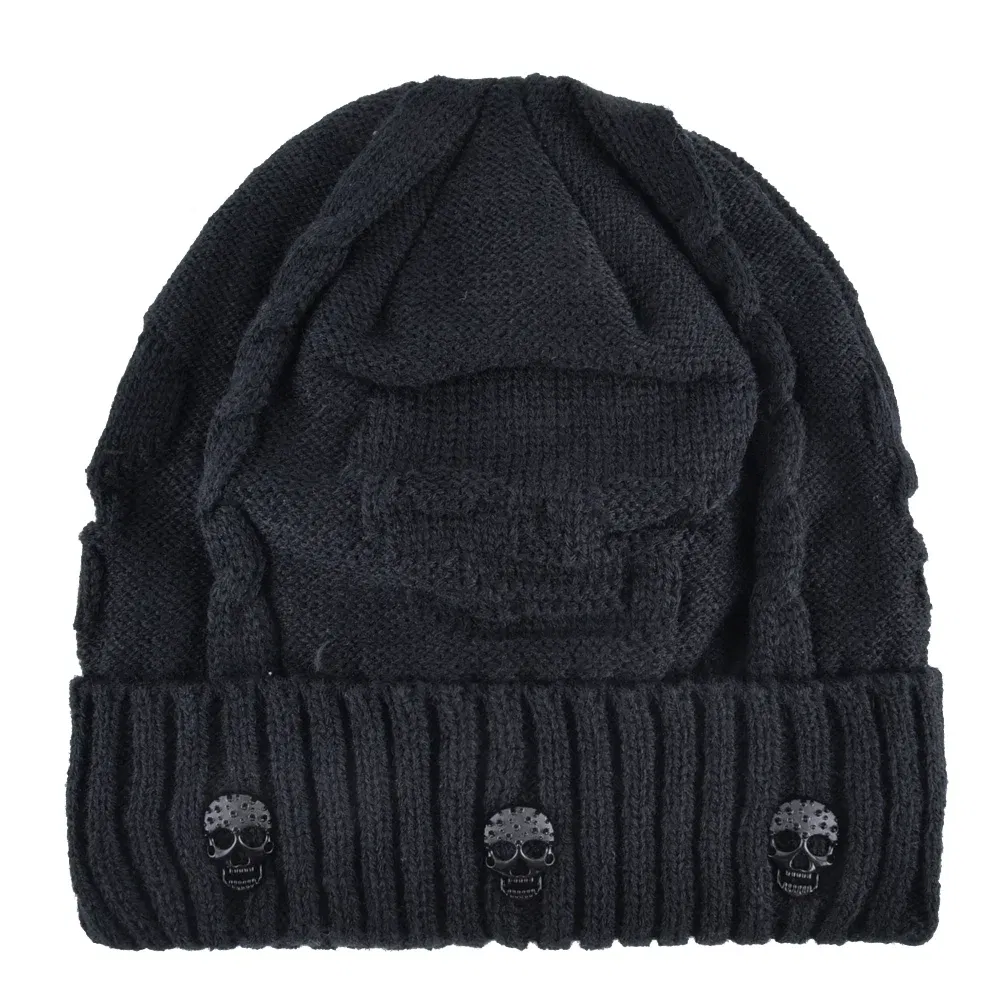 Color: Navy Blue, Size: 56/57 - Winter Beanies Men Knitted Skull Pattern Solid Color Hat With Metal Skulls Skullies Beanies Men's Knit Thick Hats Add Velvet